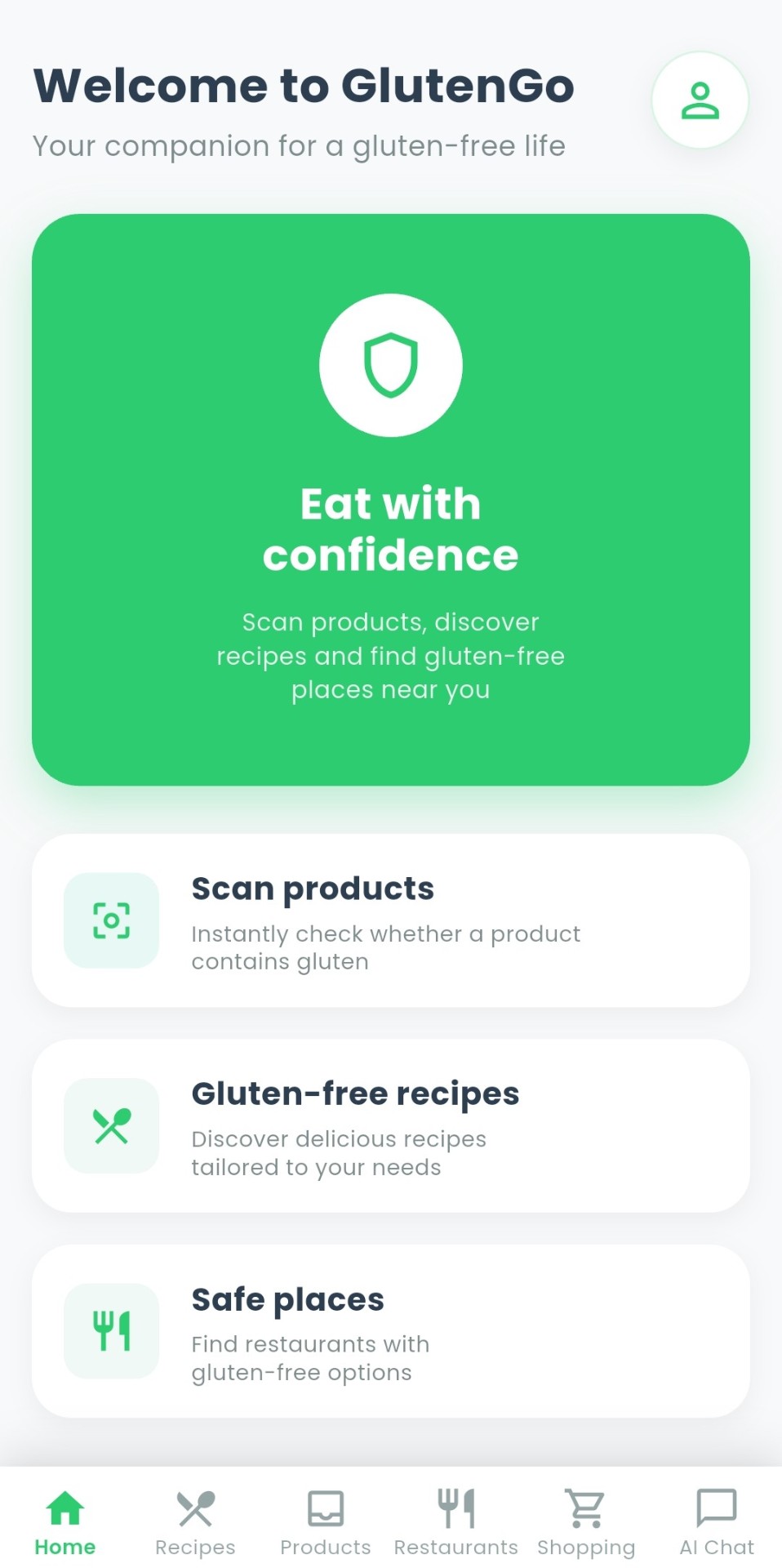 GlutenGo home screen