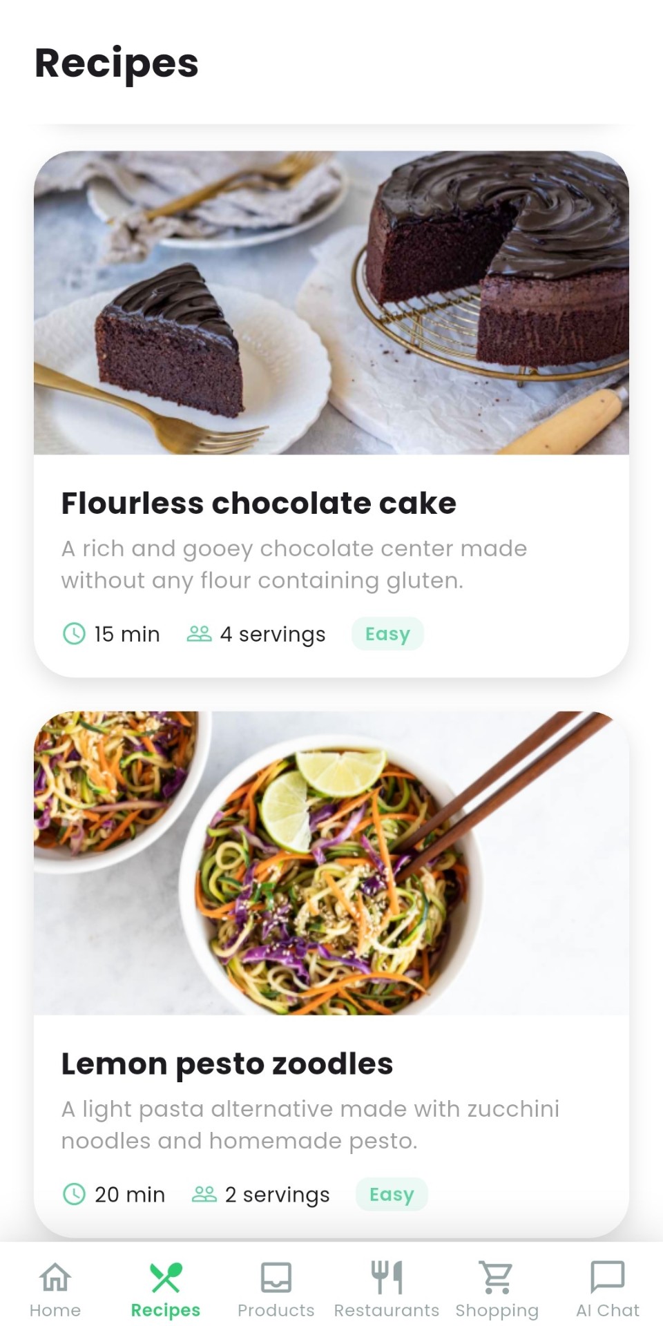 Recipes screen