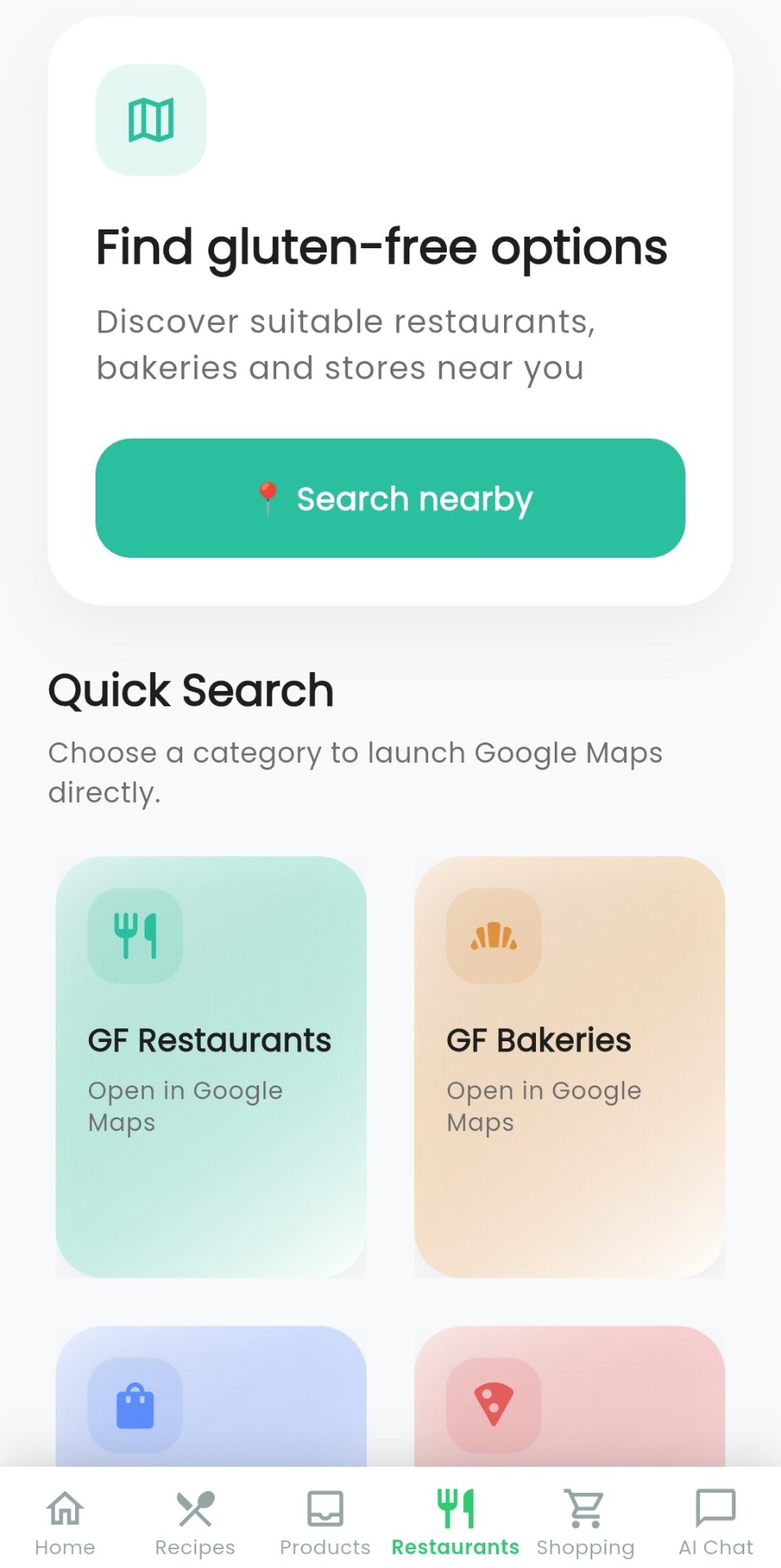 GlutenGo restaurant search screen